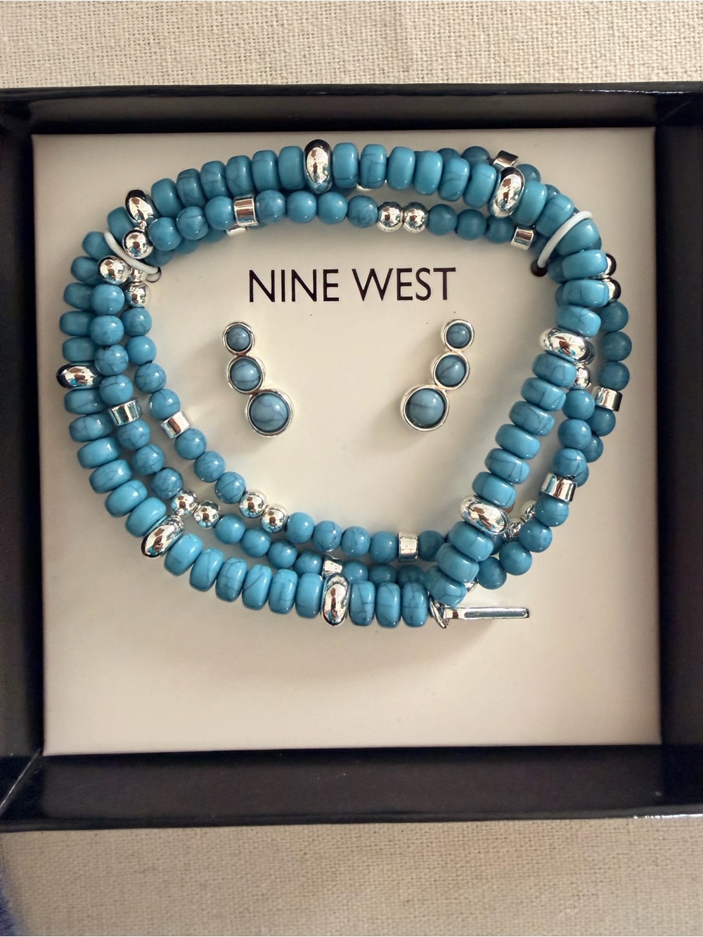 Nine West Blue Beaded Wrap Bracelet with Matching Stud Earrings
